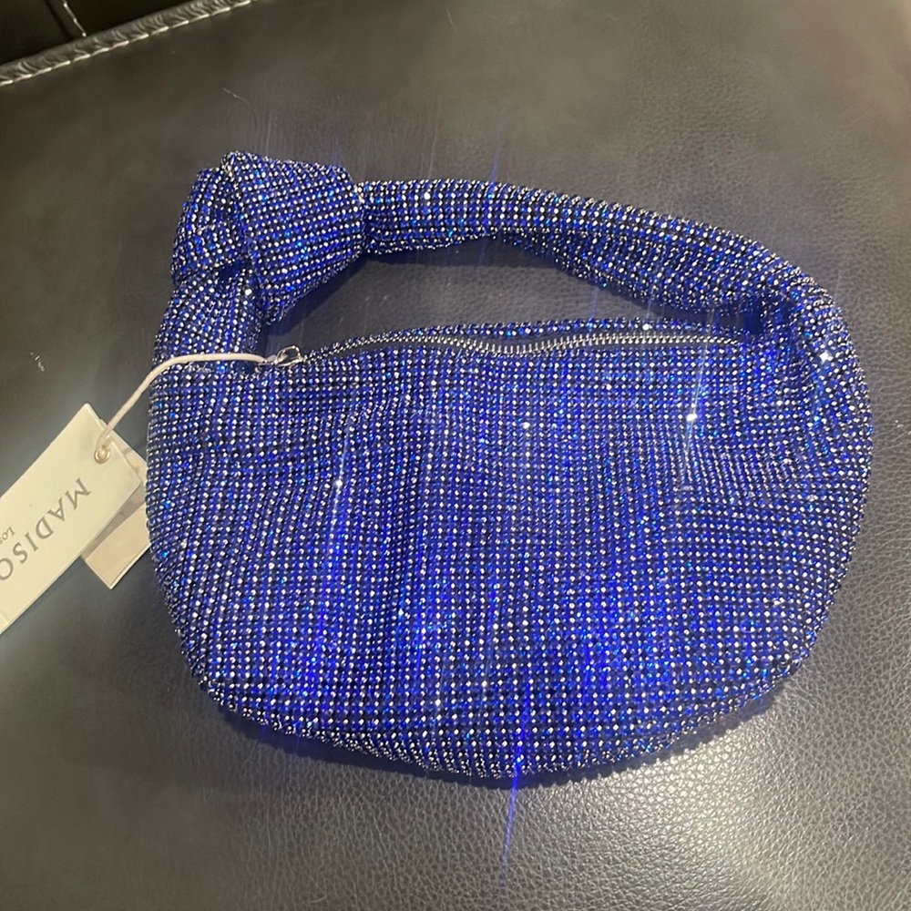 NWT Madison West Los Angeles blue Bedazzled Handbag with Knot Design
